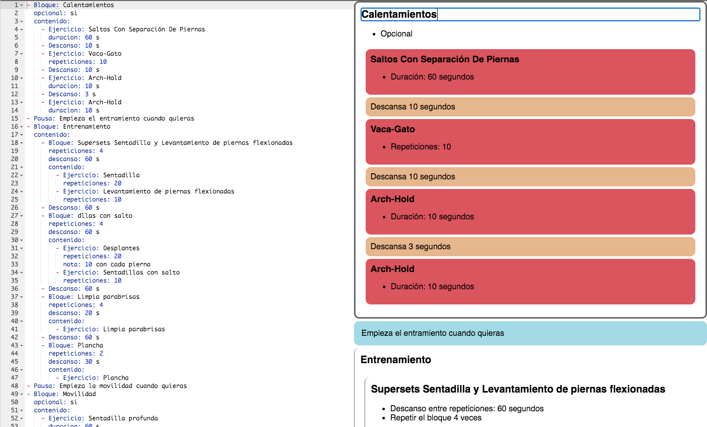 A browser window split in two. On the left, a workout typed as an indented text list with blocks, exercises, durations and rests. On the right, the same workout rendered as red exercise cards and orange rest cards inside a warm-up block.