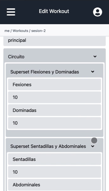 A phone screen titled Edit Workout showing a block named Circuito that holds two superset blocks, each with two exercises and their rep counts.
