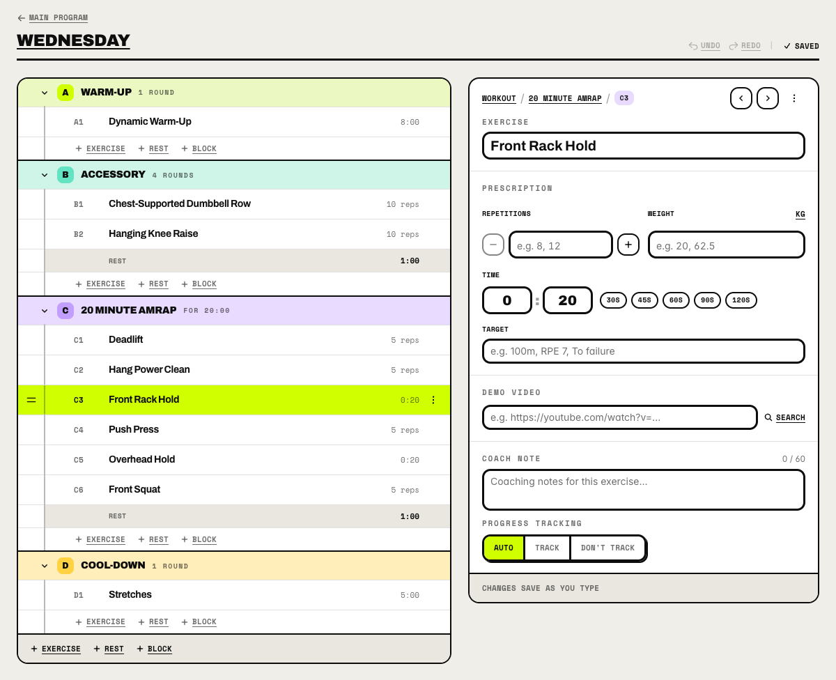 The LogBeetle workout builder open on a workout named Wednesday, with undo and redo at the top right. On the left, four coloured blocks are listed. A warm-up block and a four-round accessory block come first. The third block is named 20 Minute AMRAP and runs for 20:00. It lists Deadlift, Hang Power Clean, Front Rack Hold for 0:20, Push Press, Overhead Hold for 0:20, Front Squat and a rest of 1:00. A cool-down block is last. The Front Rack Hold is selected, and the panel on the right shows its time of 0:20.